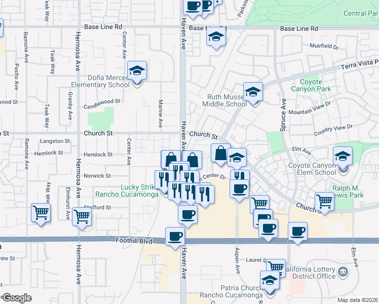 map of restaurants, bars, coffee shops, grocery stores, and more near 7774 Haywood Place in Rancho Cucamonga