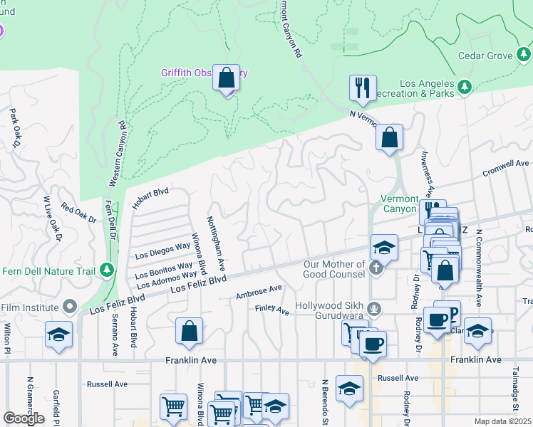 map of restaurants, bars, coffee shops, grocery stores, and more near 2421 North Catalina Street in Los Angeles