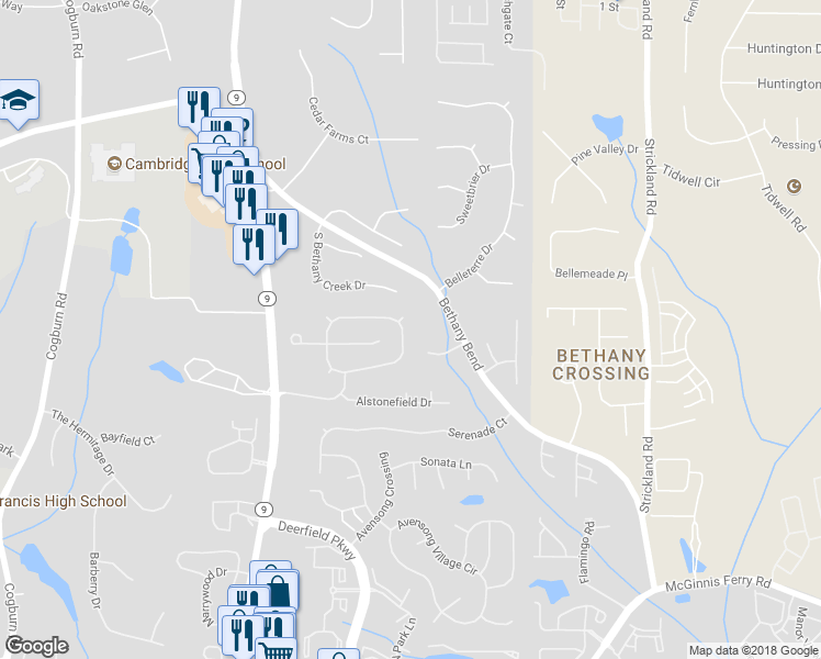 map of restaurants, bars, coffee shops, grocery stores, and more near 13574 Weycroft Circle in Alpharetta