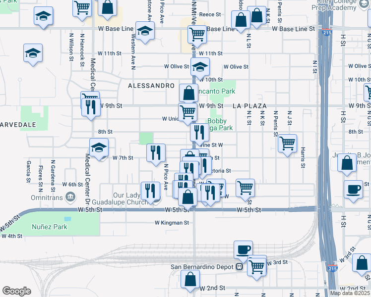 map of restaurants, bars, coffee shops, grocery stores, and more near 1327 Vine Street West in San Bernardino