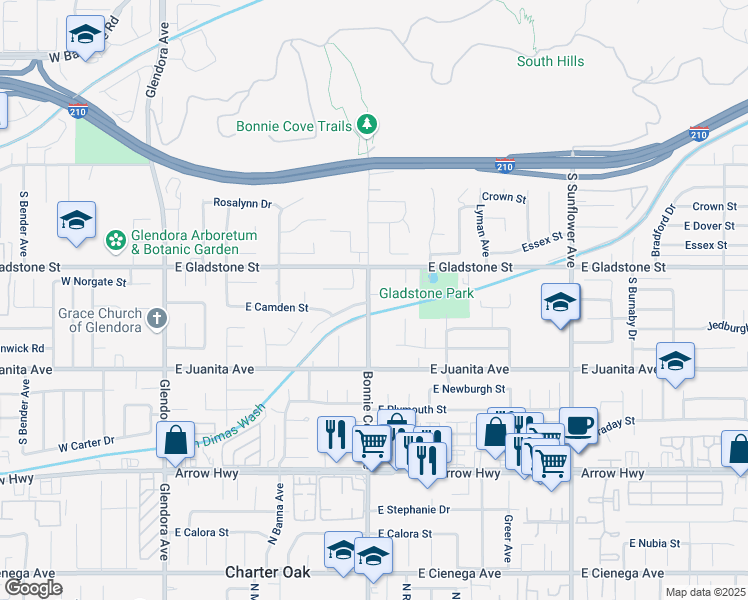 map of restaurants, bars, coffee shops, grocery stores, and more near 508 East Payson Street in Glendora