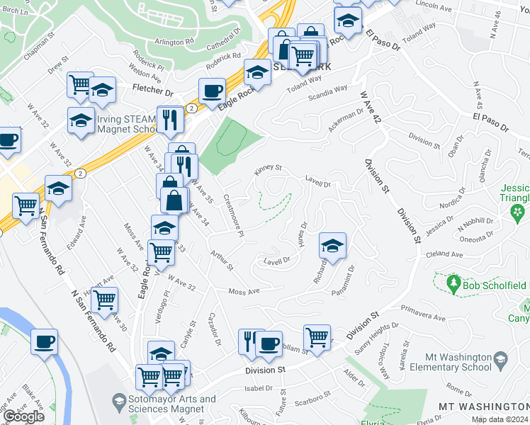 map of restaurants, bars, coffee shops, grocery stores, and more near 3600 North Paseo Drive in Los Angeles