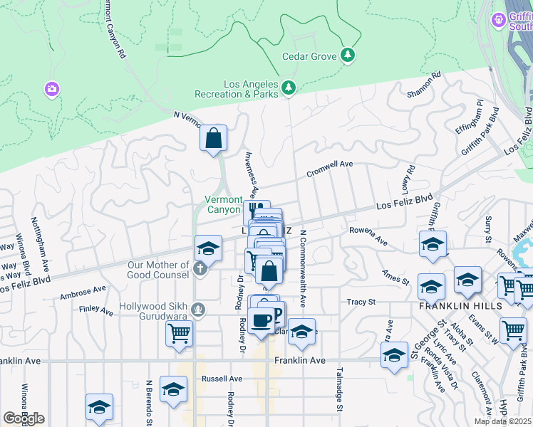 map of restaurants, bars, coffee shops, grocery stores, and more near 2240 Hillhurst Avenue in Los Angeles