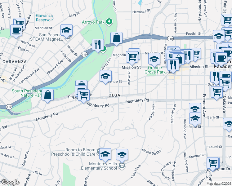 map of restaurants, bars, coffee shops, grocery stores, and more near 1033 Indiana Avenue in South Pasadena