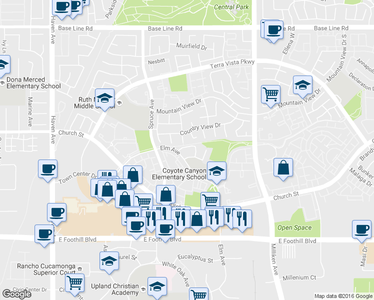 map of restaurants, bars, coffee shops, grocery stores, and more near 11027 Meyers Drive in Rancho Cucamonga