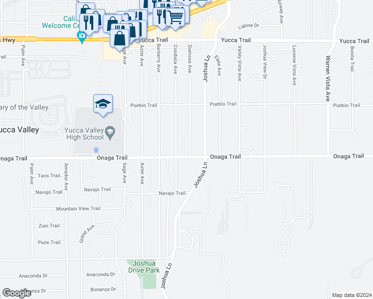 map of restaurants, bars, coffee shops, grocery stores, and more near 7674 Dumosa Avenue in Yucca Valley