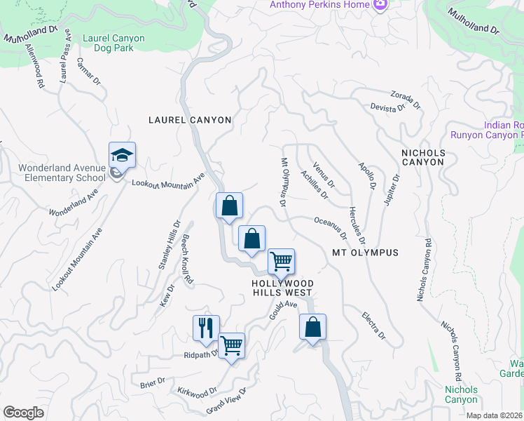map of restaurants, bars, coffee shops, grocery stores, and more near 8100 Laurelmont Drive in Los Angeles