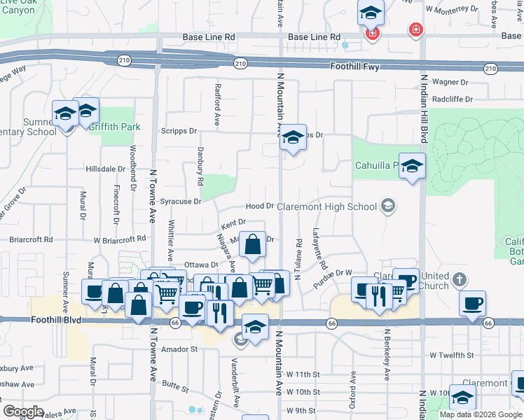 map of restaurants, bars, coffee shops, grocery stores, and more near 834 Hood Drive in Claremont