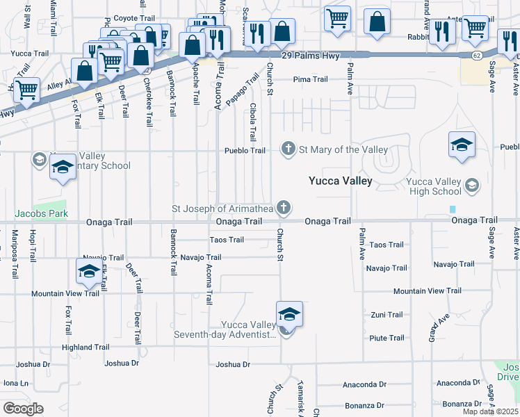 map of restaurants, bars, coffee shops, grocery stores, and more near 56243 Yuma Trail in Yucca Valley