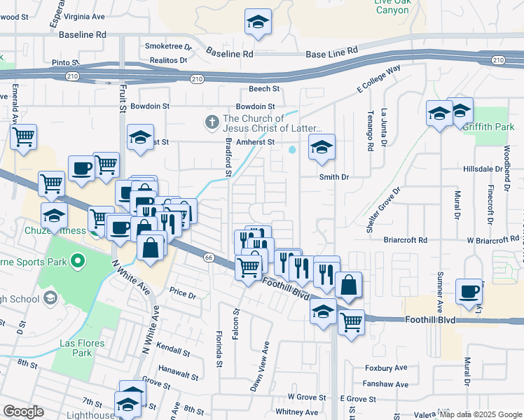 map of restaurants, bars, coffee shops, grocery stores, and more near in La Verne