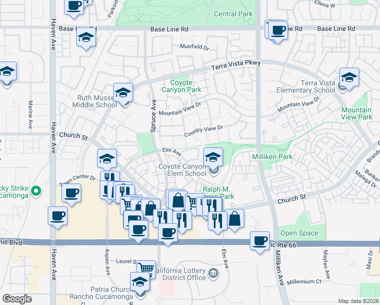 map of restaurants, bars, coffee shops, grocery stores, and more near 11027 Meyers Drive in Rancho Cucamonga