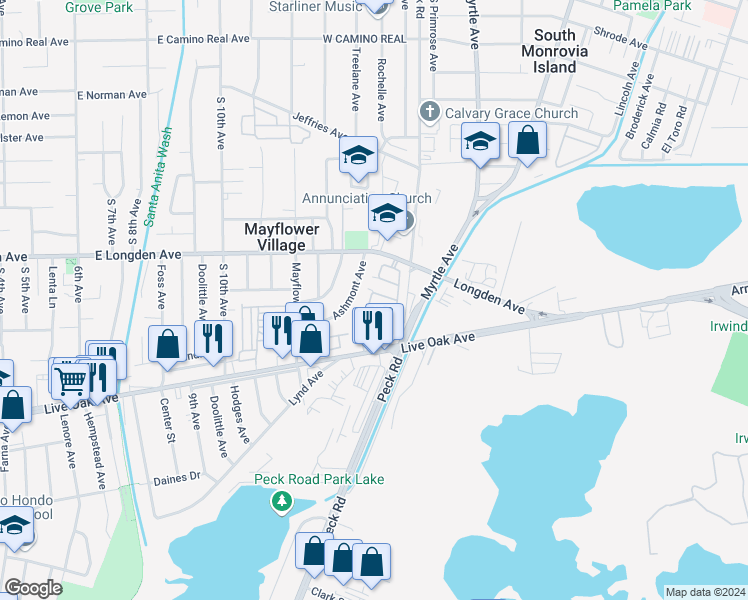 map of restaurants, bars, coffee shops, grocery stores, and more near 1347 Jacaranda Circle in Arcadia