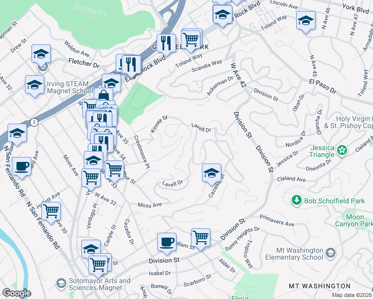 map of restaurants, bars, coffee shops, grocery stores, and more near 3710 Lavell Drive in Los Angeles