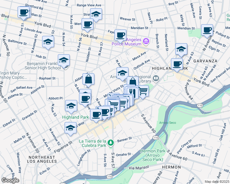 map of restaurants, bars, coffee shops, grocery stores, and more near 5902 Monte Vista Street in Los Angeles