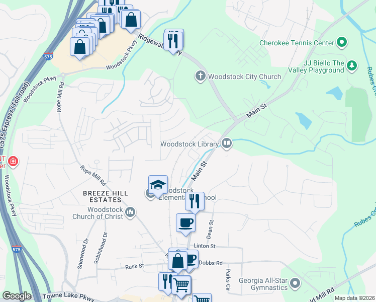 map of restaurants, bars, coffee shops, grocery stores, and more near 7776 Main Street in Woodstock