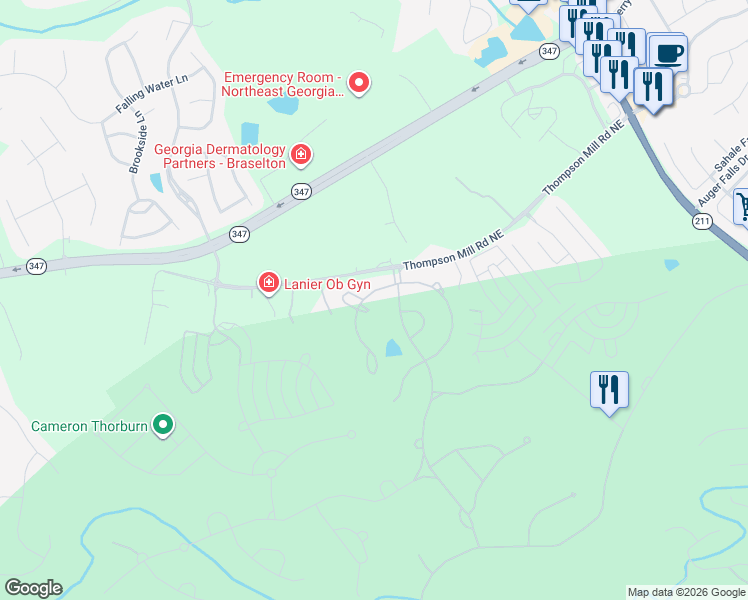 map of restaurants, bars, coffee shops, grocery stores, and more near 2750 Shumard Oak Drive in Braselton
