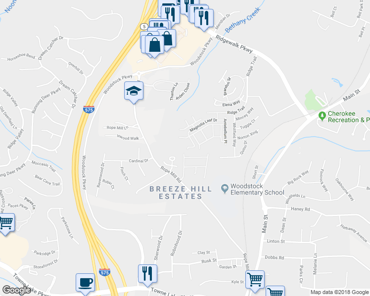 map of restaurants, bars, coffee shops, grocery stores, and more near 922 Magnolia Leaf Drive in Woodstock