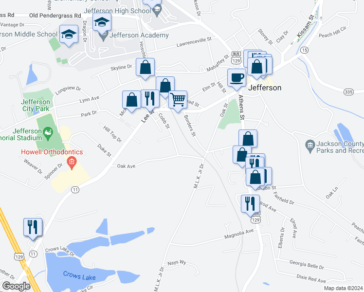 map of restaurants, bars, coffee shops, grocery stores, and more near 429 Cobb Street in Jefferson