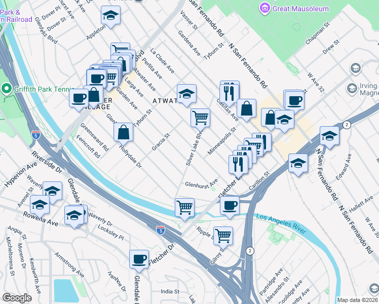 map of restaurants, bars, coffee shops, grocery stores, and more near 3171 Silver Lake Boulevard in Los Angeles
