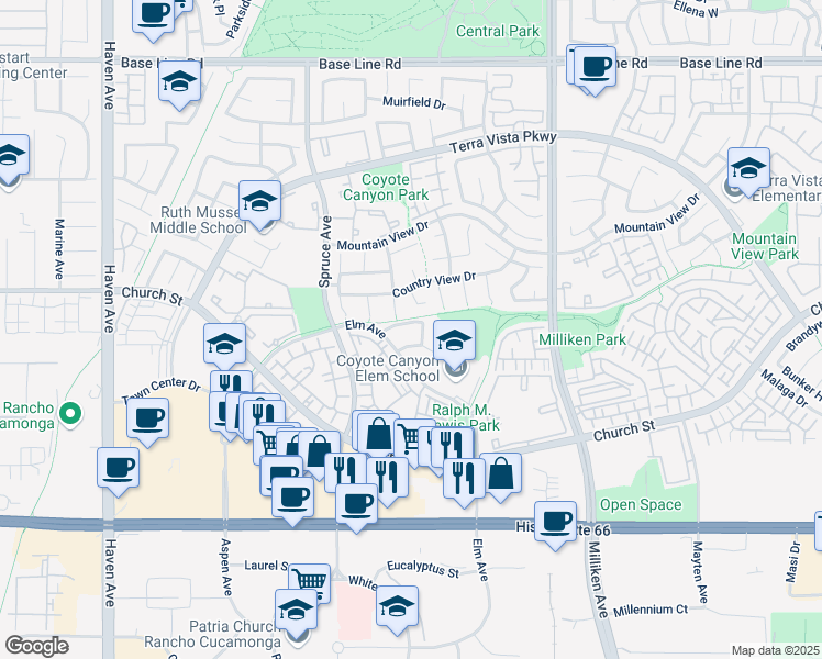 map of restaurants, bars, coffee shops, grocery stores, and more near 11039 Meyers Drive in Rancho Cucamonga