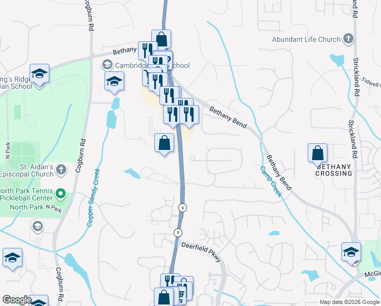 map of restaurants, bars, coffee shops, grocery stores, and more near 765 Soneley Court in Alpharetta