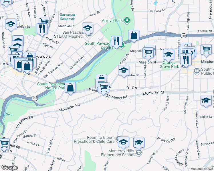 map of restaurants, bars, coffee shops, grocery stores, and more near 1022 Arroyo Drive in South Pasadena