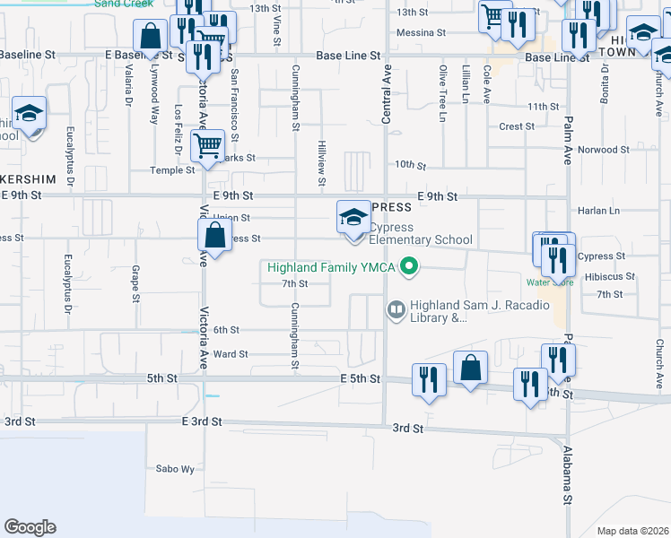 map of restaurants, bars, coffee shops, grocery stores, and more near 26759 Hibiscus Street in Highland