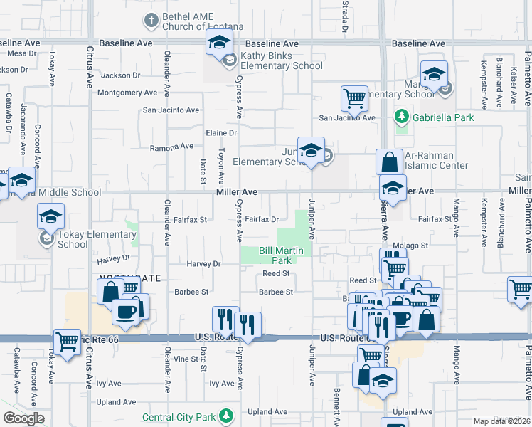 map of restaurants, bars, coffee shops, grocery stores, and more near 7745 Pepper Drive in Fontana