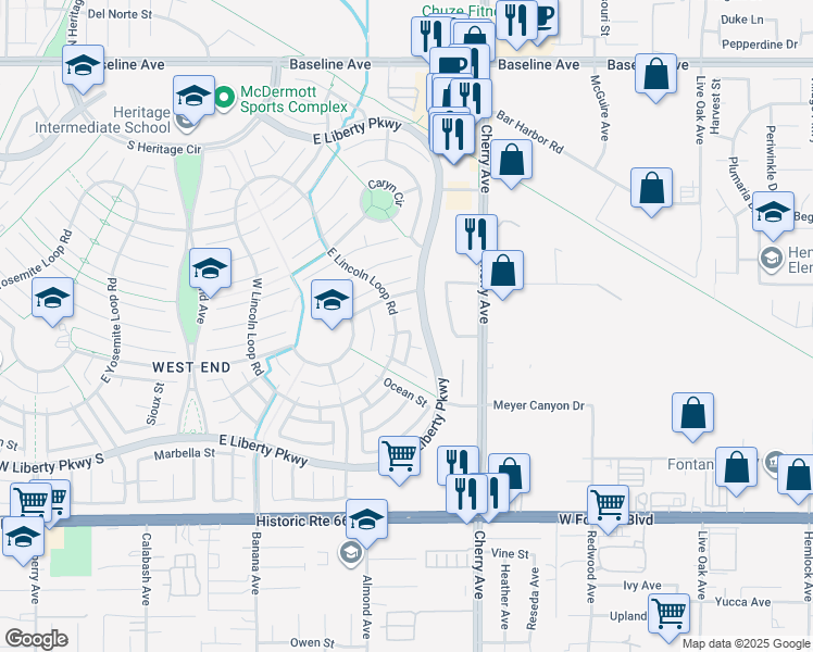 map of restaurants, bars, coffee shops, grocery stores, and more near 14263 Humbolt Court in Fontana