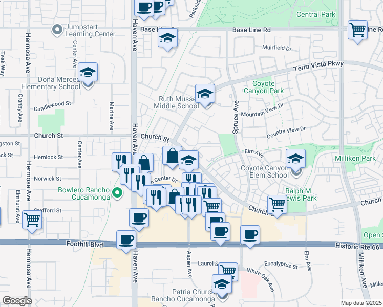 map of restaurants, bars, coffee shops, grocery stores, and more near 10730 Church Street in Rancho Cucamonga