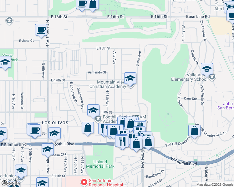 map of restaurants, bars, coffee shops, grocery stores, and more near 1407 East Estrellita Court in Upland
