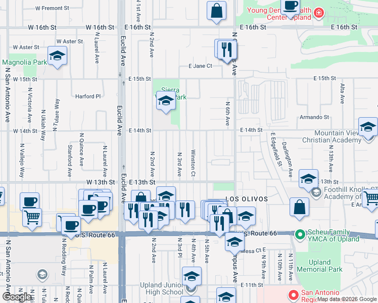 map of restaurants, bars, coffee shops, grocery stores, and more near 1368 Winston Court in Upland