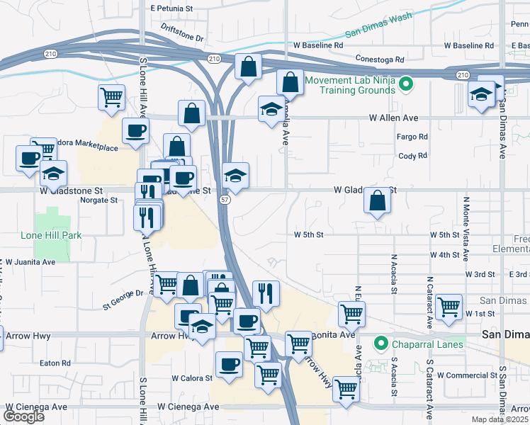 map of restaurants, bars, coffee shops, grocery stores, and more near 618 North Billow Drive in San Dimas