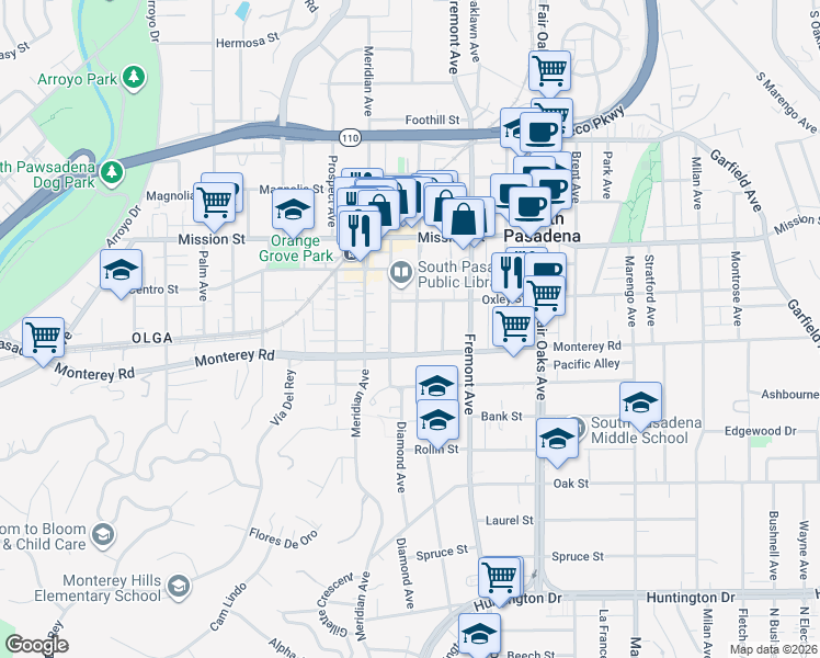 map of restaurants, bars, coffee shops, grocery stores, and more near 1114 Fairview Avenue in South Pasadena