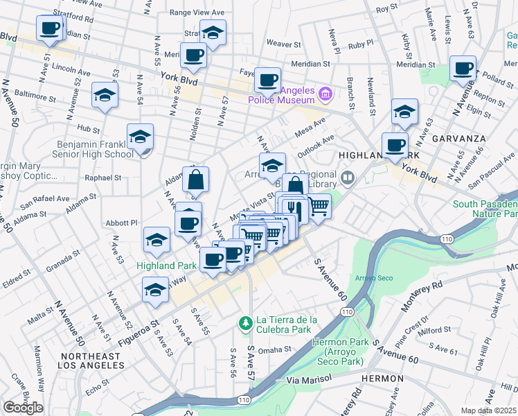 map of restaurants, bars, coffee shops, grocery stores, and more near 5901 Monte Vista Street in Los Angeles