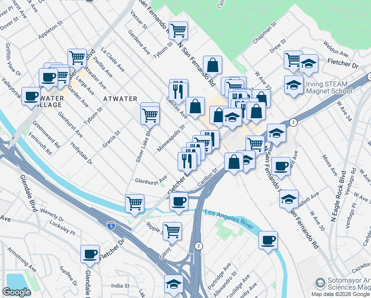 map of restaurants, bars, coffee shops, grocery stores, and more near 3157 Perlita Avenue in Los Angeles