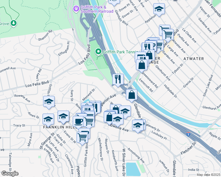 map of restaurants, bars, coffee shops, grocery stores, and more near 3100 Riverside Drive in Los Angeles