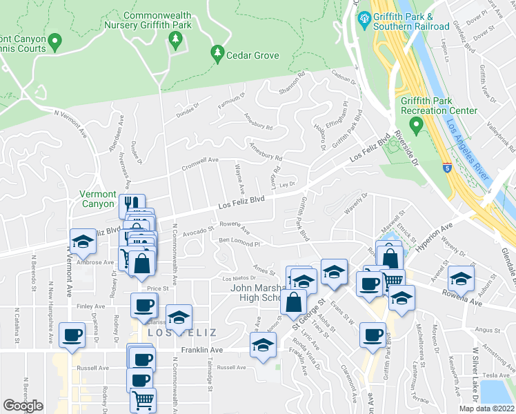 map of restaurants, bars, coffee shops, grocery stores, and more near in Los Angeles