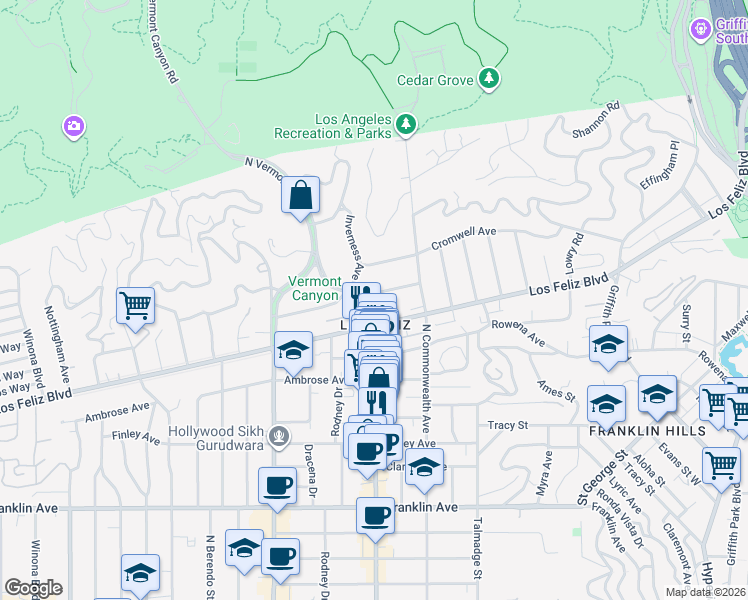 map of restaurants, bars, coffee shops, grocery stores, and more near 4440 Gainsborough Avenue in Los Angeles