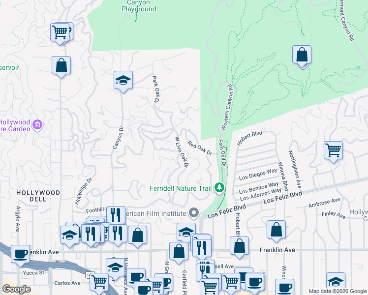 map of restaurants, bars, coffee shops, grocery stores, and more near 2318 West Live Oak Drive in Los Angeles