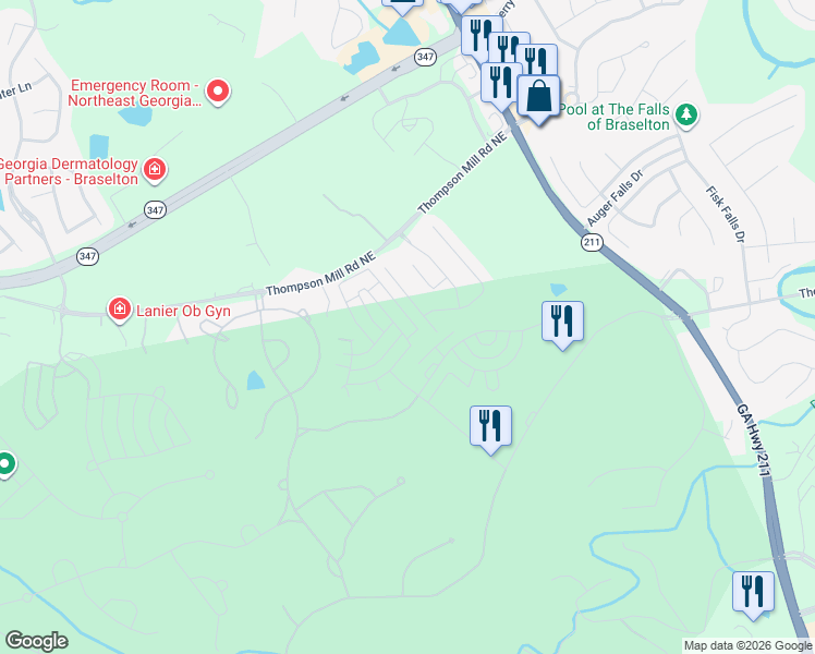 map of restaurants, bars, coffee shops, grocery stores, and more near 2550 Muskogee Lane in Braselton