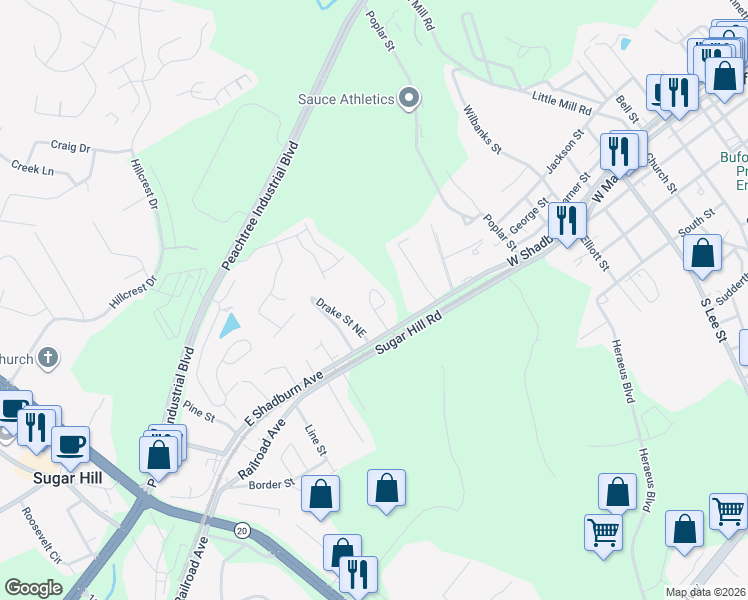 map of restaurants, bars, coffee shops, grocery stores, and more near 110 Lawson Street in Buford