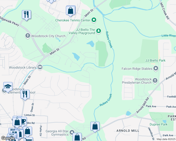 map of restaurants, bars, coffee shops, grocery stores, and more near 147 Johnston Farm Lane in Woodstock