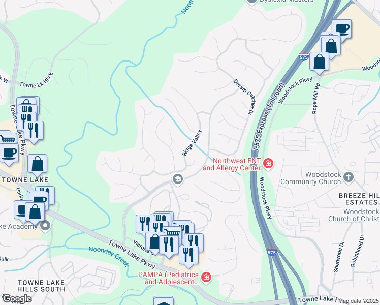 map of restaurants, bars, coffee shops, grocery stores, and more near 8032 Ridge Valley in Woodstock