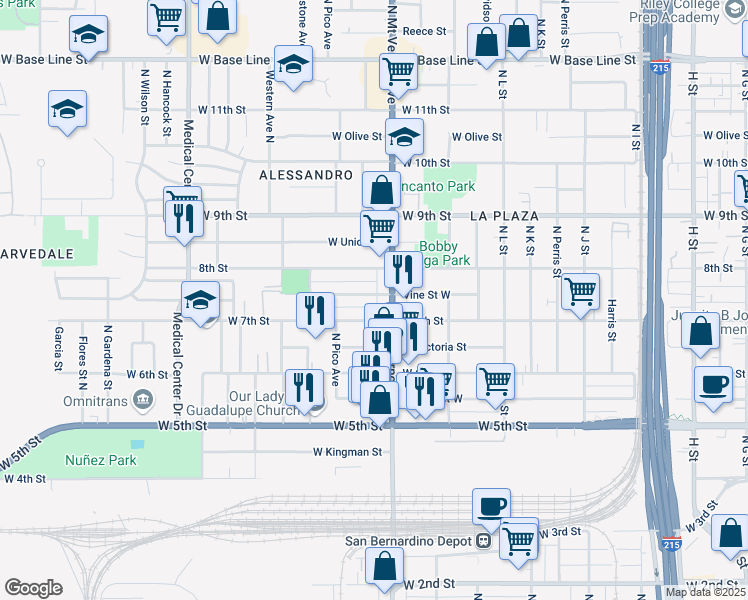 map of restaurants, bars, coffee shops, grocery stores, and more near 1327 Vine Street West in San Bernardino