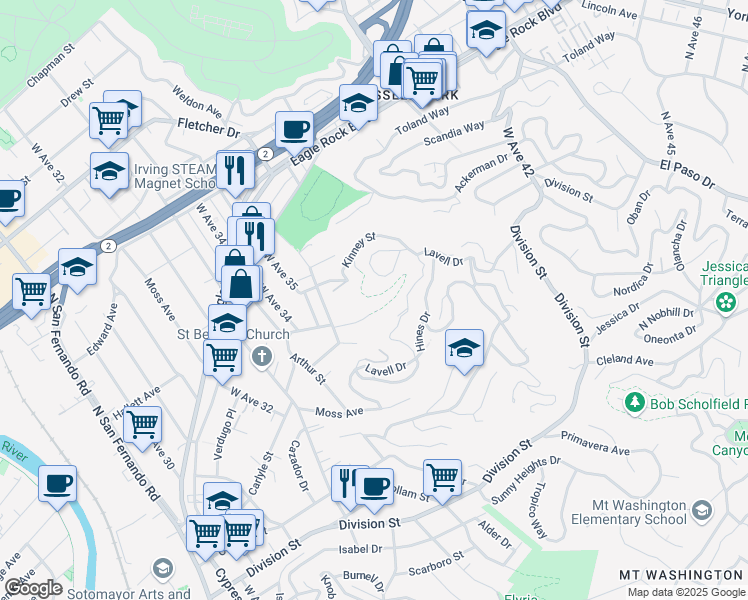 map of restaurants, bars, coffee shops, grocery stores, and more near 3608 North Paseo Drive in Los Angeles