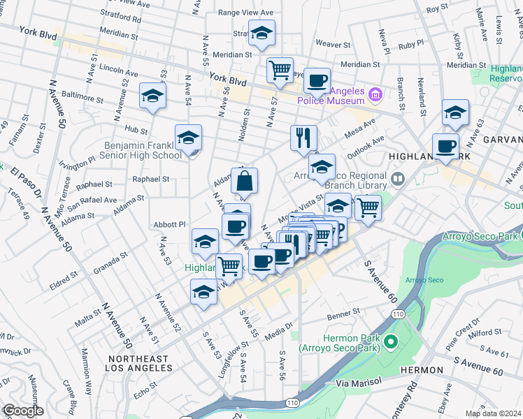 map of restaurants, bars, coffee shops, grocery stores, and more near 336 North Avenue 57 in Los Angeles