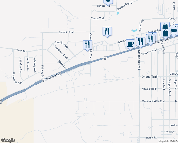 map of restaurants, bars, coffee shops, grocery stores, and more near 54896 Onaga Trail in Yucca Valley