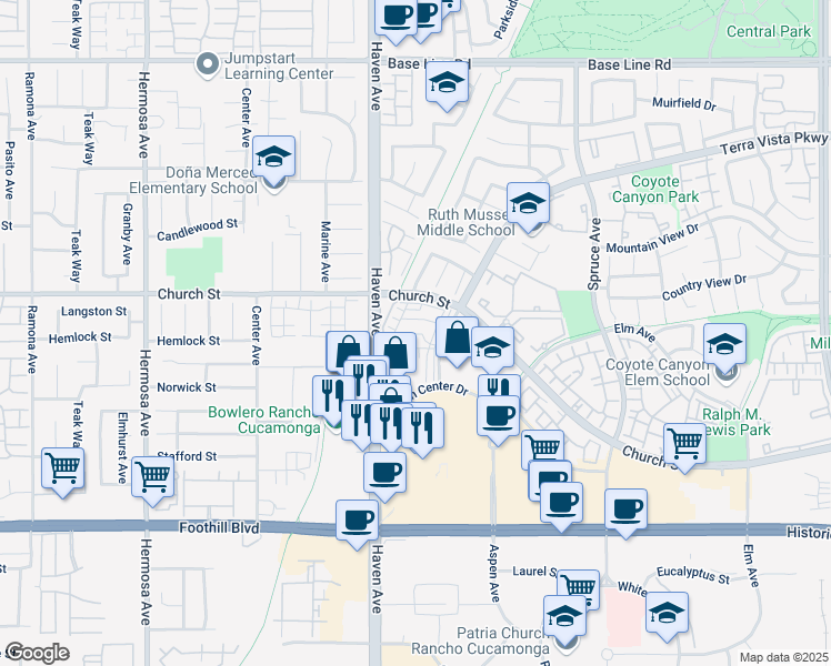 map of restaurants, bars, coffee shops, grocery stores, and more near 10575 Church Street in Rancho Cucamonga