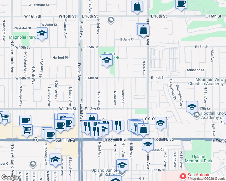 map of restaurants, bars, coffee shops, grocery stores, and more near 1361 North 3rd Avenue in Upland
